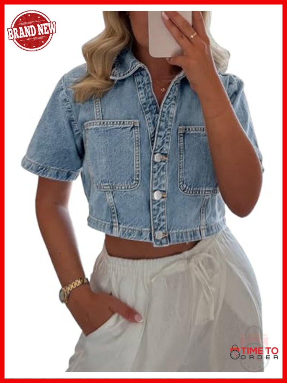 Cropped Denim Jacket Short Sleeve Button Down Jean Shirt with Pockets